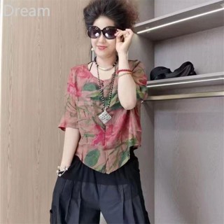 Popular casual fashion comfortable unequal floral printing and dyeing artistic sense Ramie short-sleeved shirt