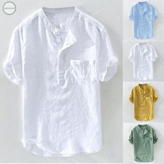 GORGEOUS~Men Short Sleeve Collarless Soft Breathable Shirts Casual Loose Holiday Top Tee