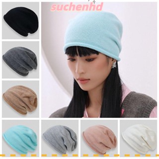 Suchenhd หมวกบีนนี่ ผ้าฝ้ายแคชเมียร์ ให้ความอบอุ่น สีพื้น แบบสวมหัว ลําลอง แบบหนา นิ่ม สําหรับผู้หญิง เหมาะกับฤดูหนาว