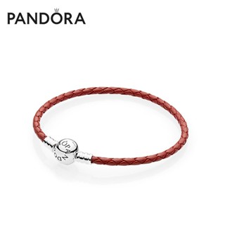 Pandora สร้อยข้อมือ หนังวัวถัก 100% ทรงกลม สีแดง เครื่องประดับแฟชั่น