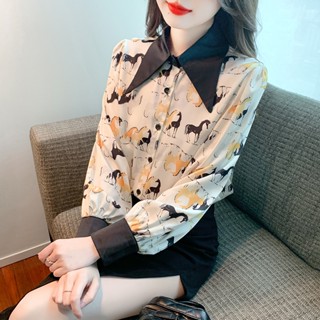 เสื้อเชิ้ตแขนยาว คอปกโปโล ขนาดเล็ก พิมพ์ลาย แฟชั่นฤดูใบไม้ร่วง สไตล์เกาหลี สําหรับผู้หญิง 2023