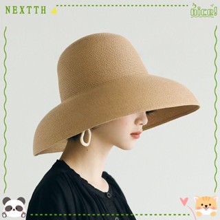 Nextth Hepburn หมวกฟางปีกกว้าง กันแดด แบบพับได้ กันแดด สีขาว สําหรับผู้หญิง