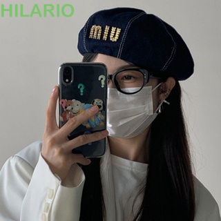 หมวกเบเร่ต์ พิมพ์ลายตัวอักษร HILARIO ประดับพลอยเทียม สีฟ้า สไตล์เกาหลี และคาวบอย แนวสตรีท แฟชั่นสําหรับผู้หญิง