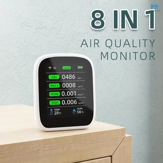 Tuya เครื่องวัดคุณภาพอากาศ Wifi แบบพกพา 8in1 PM1.0 PM2.5 PM10 CO2 TVOC HCHO เครื่องทดสอบอุณหภูมิและความชื้น หน้าจอสี LCD เครื่องตรวจจับคาร์บอนไดออกไซด์ พร้อมเวลาและวันที่ Functio