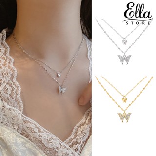 Ellastore123 สร้อยคอโซ่ อัลลอย สองชั้น กันสนิม จี้ผีเสื้อ แฟชั่น สําหรับผู้หญิง