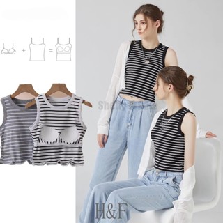 2 in 1 เสื้อชั้นในสตรี ลายทาง ผ้าฝ้าย ไหล่กว้าง แขนกุด คัพ BRA-T เสื้อกล้ามชิ้นเดียว