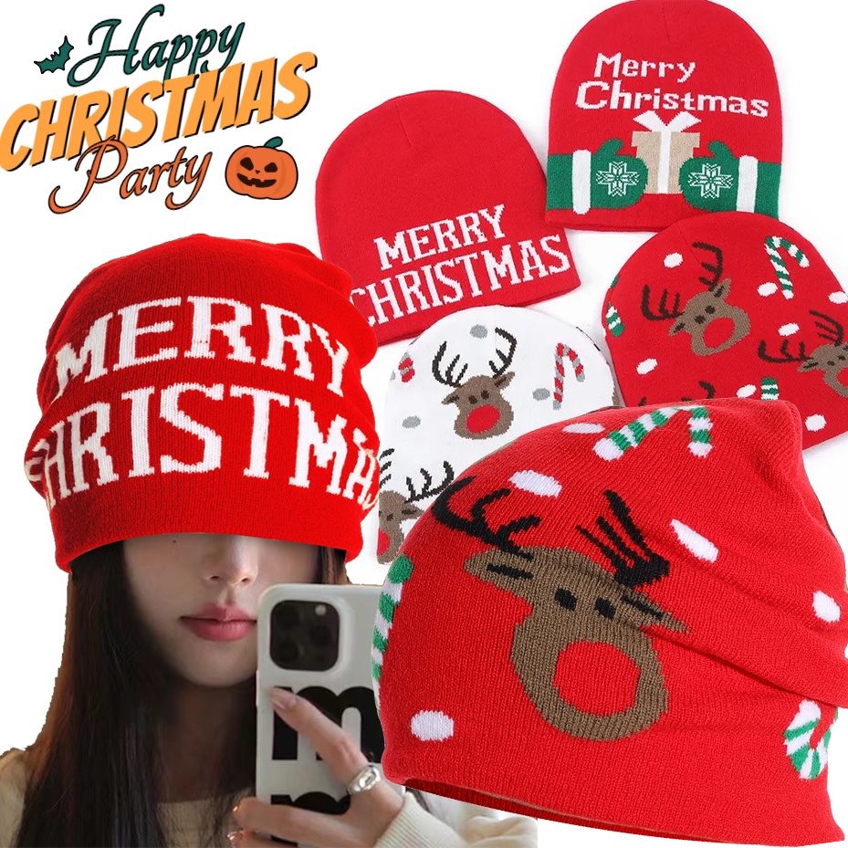 หมวกบีนนี่ ผ้าวูลถัก แบบหนานุ่ม ลายตัวอักษรคริสต์มาส กวางเอลก์ สีแดง เหมาะกับเทศกาลปีใหม่ สร้างสรรค์ ให้ความอบอุ่น เหมาะกับฤดูหนาว และฤดูใบไม้ร่วง สําหรับผู้ชาย และผู้หญิง