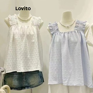 Lovito เสื้อเบลาส์ลําลอง แต่งระบาย สําหรับผู้หญิง LNE24042 (สีขาว/น้ําเงิน)