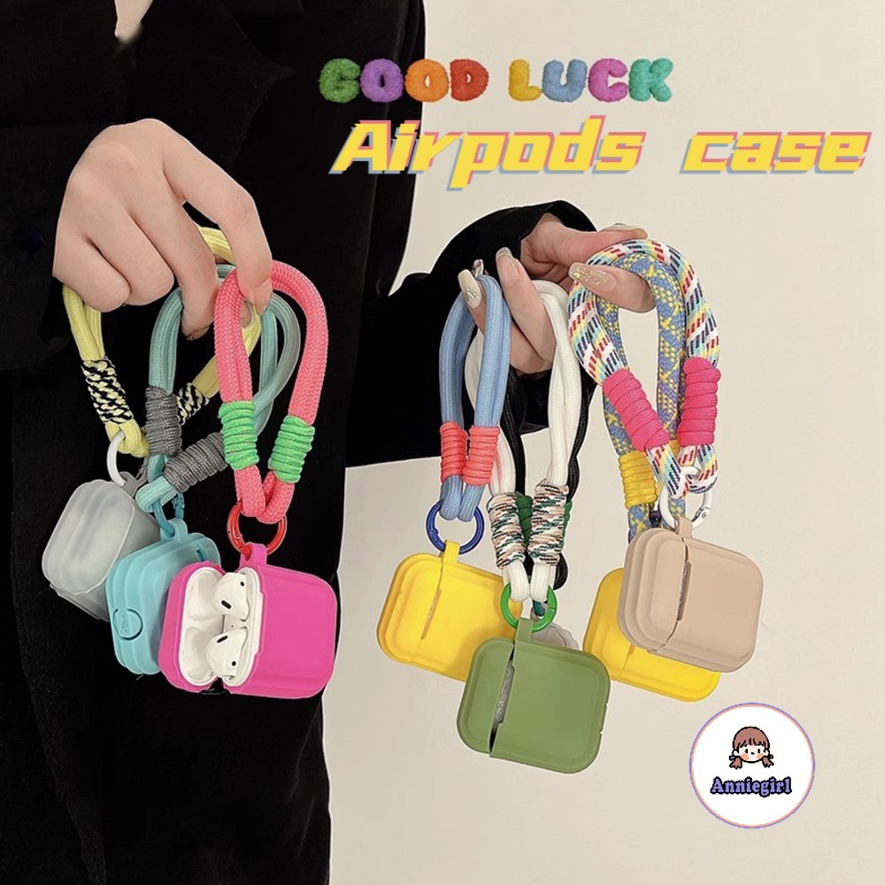 เคสหูฟังบลูทูธไร้สาย ซิลิโคนนิ่ม กันหาย สีพื้น เรียบง่าย พร้อมสายคล้อง สําหรับ Airpods 1 2 3 Pro 2