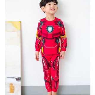 [Clothes Awesome] ชุดนอน ชุดชั้นใน กางเกงขายาว ผ้าฝ้ายแท้ ลาย Iron Man แฟชั่นฤดูใบไม้ร่วง สําหรับเด็กผู้ชาย สองชิ้น