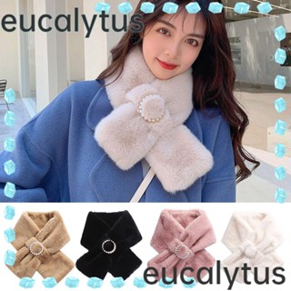 Eucalytus1 ผ้าพันคอ ผ้าฟลีซเทียม แบบหนา ประดับไข่มุกเทียม ให้ความอบอุ่น แฟชั่นสําหรับผู้หญิง