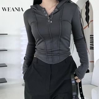 Weania เสื้อฮู้ดดี้ แขนยาว ติดกระดุม สไตล์เรโทร สําหรับผู้หญิง