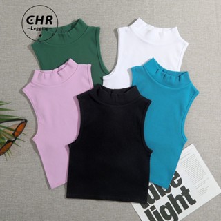 CHR เสื้อครอปท็อปลําลอง คอเต่า แขนกุด ผ้าถัก สีขาว สไตล์สตรีท สําหรับผู้หญิง 7 สี