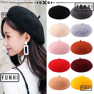 Yunhi หมวกเบเร่ต์ ผ้าวูล แบบหนา สีพื้น ให้ความอบอุ่น 10 สี แฟชั่นฤดูใบไม้ร่วง ฤดูหนาว