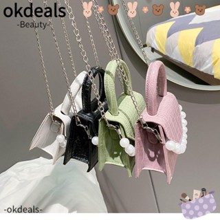 Okdeals กระเป๋าสะพายไหล่ สะพายข้าง หนัง PU ประดับไข่มุก ลายหินโลหะ สําหรับผู้หญิง