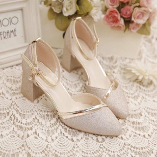 Spot# gold single shoes 2022 summer new Baotou mom sandals womens all-match thick heel buckle skirt high-heeled shoes 8jj