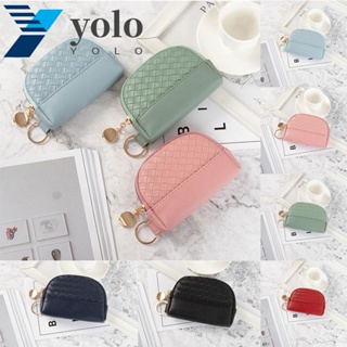 Yolo กระเป๋าสตางค์ หนัง PU ใบสั้น ทรงคลัทช์ มีซิป สีพื้น สไตล์เกาหลี สําหรับใส่เหรียญ บัตรเดินทาง