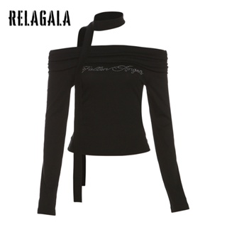 Relagala ใหม่ เสื้อยืดลําลอง แขนยาว เปิดไหล่ เข้ารูป ประดับพลอยเทียม สีพื้น แฟชั่นสําหรับสตรี 2023