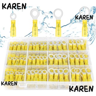 Karen แหวนหดความร้อน เชื่อมต่อ 100 ชิ้น #10ขั้วต่อสายไฟ สีเหลือง 1/4 นิ้ว 5/16 นิ้ว 3/8 นิ้ว พร้อมกล่องเก็บ 4 ขนาด 12-10 AWG