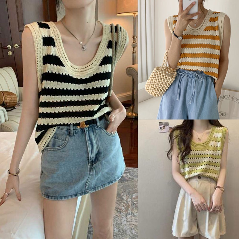 Dahong 1816 เสื้อกั๊กคอยูไหมพรม แขนกุด เสื้อแฟชั่นคอกลม ลายทาง ผ้าถัก สไตล์เกาหลี ทรงสวย