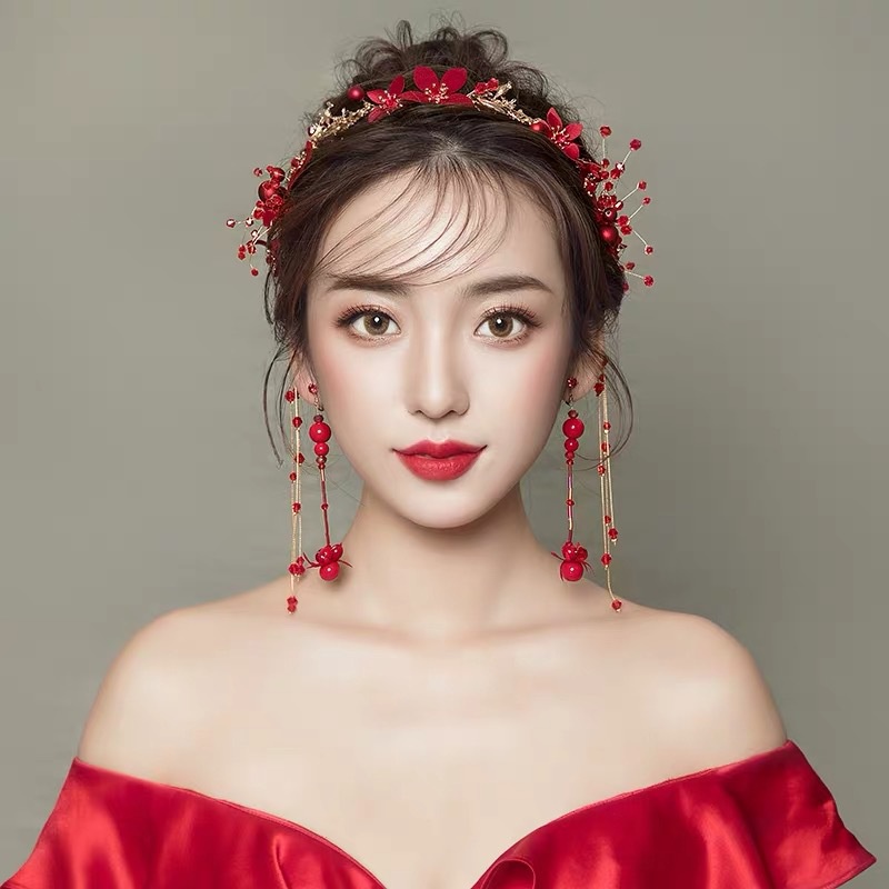 ชุดประดับมงกุฎเจ้าสาวสีแดง แต่งงาน แต่งงาน แต่งงานเครื่องประดับตก แต่งผมนางฟ้า SuperSessun ชุดเครื่องประดับ
