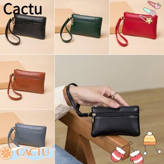 Cactu กระเป๋าสตางค์ หนัง PU ใบเล็ก กันน้ํา มีซิปคู่ น้ําหนักเบา สีพื้น ใส่เหรียญได้ สําหรับผู้หญิง