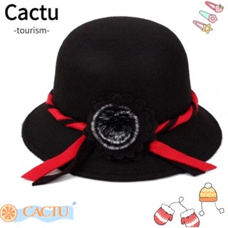 Cactu Fedoras หมวกผ้าขนสัตว์ ทรงโดม ลายดอกไม้ สีพื้น สไตล์เรโทร ฤดูใบไม้ร่วง ฤดูหนาว สําหรับผู้หญิง