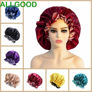 Allgoods หมวกคลุมผมอาบน้ํา ผ้าซาติน ผ้าไหม ยืดหยุ่น ใช้ซ้ําได้ สีพื้น สําหรับผู้หญิง