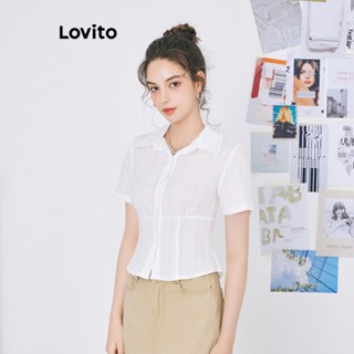 Lovito เสื้อเบลาส์ สีพื้น กระดุมด้านหน้า เข้ารูป สำหรับผู้หญิง L59ED064 (สีขาว)