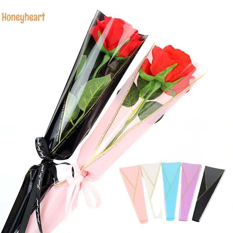 <Honeyheart> 50 ชิ้นเดี่ยว Rose แขนดอกไม้ห่อกระเป๋าช่อดอกไม้ถุงบรรจุภัณฑ์ Clear Cellophane ดอกไม้ Wrappers สําหรับวันวาเลนไทน์ Nice