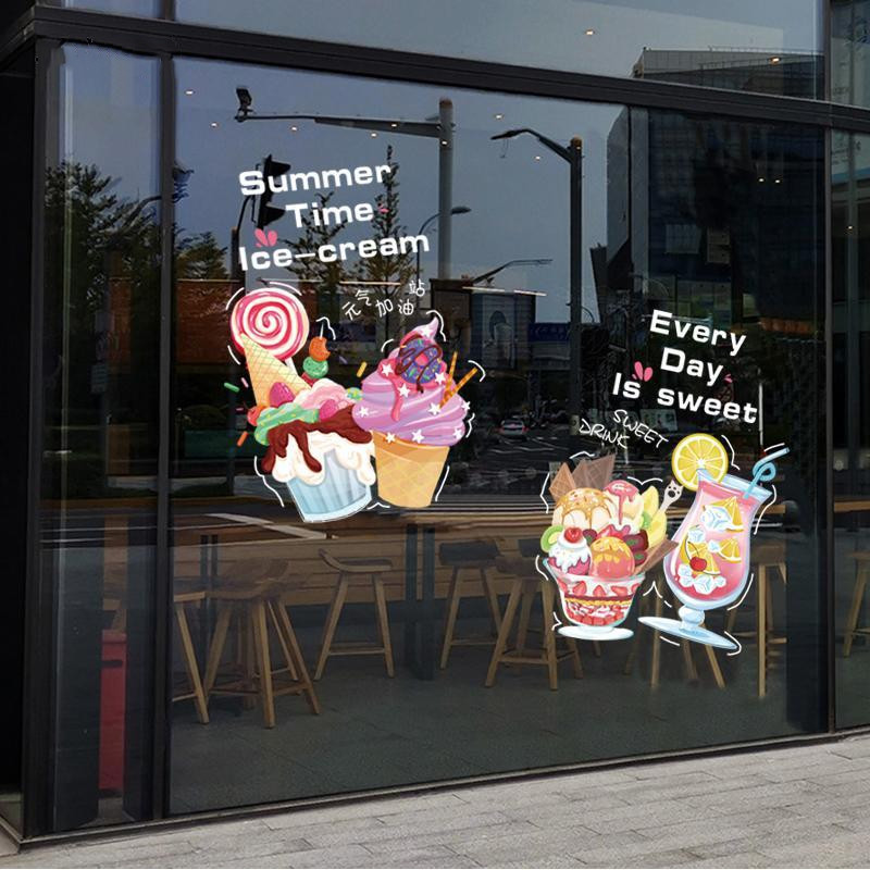 ไอศครีมน้ําผลไม้ร้านสติกเกอร์ประตูกระจกร้านเครื่องดื่มเย็นหน้าต่างสติกเกอร์