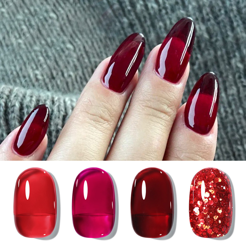 Born PRETTY 4PCS Burgundy Red Jelly Gel ชุดยาทาเล็บทับทิมสีแดง Glitter Soak Off ติดทนนานเจลเคลือบเงา 7ml