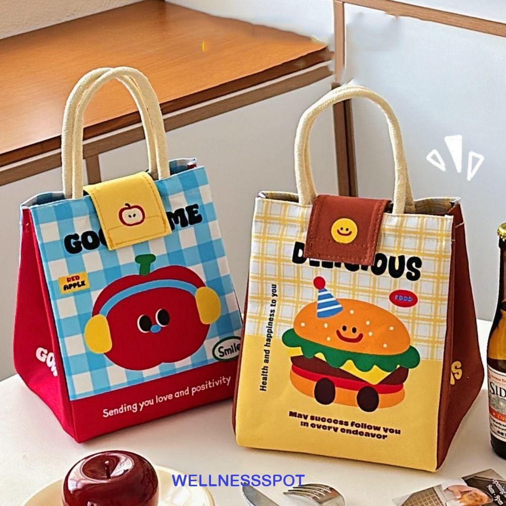 Wellnessspot กระเป๋ากล่องอาหารกลางวันน่ารักพร้อมที่จับกันน้ําการ์ตูน Thermal Tote, สะดวกหนาด้านข้าง Snaps ความจุขนาดใหญ่ถุงเก็บฉนวนปิคนิค