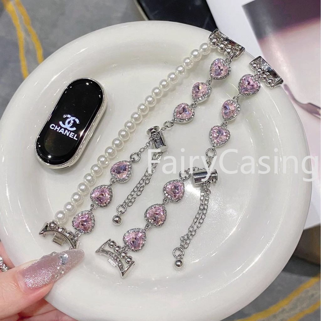 Love Heart Pearl Diamond สําหรับ Mi Band 10 9 8 7 6 4 3 Pro สายรัดข้อมือสําหรับ Mi Band 8 9 Active Luxury เครื่องประดับสร้อยข้อมือ – โปรปัง
