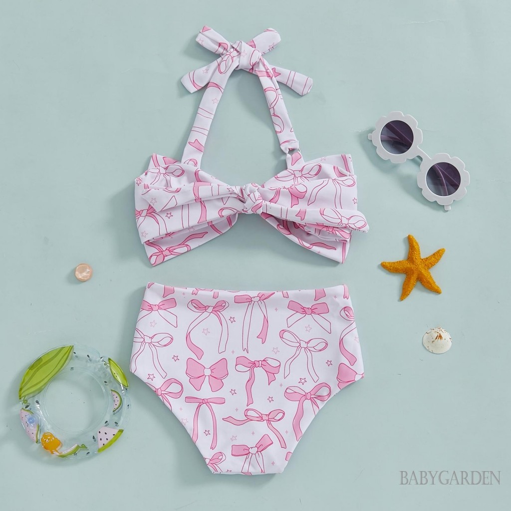 //-1-6ปี เด็กเด็กสาว2ชิ้นชุดว่ายน้ําฤดูร้อนโบว์พิมพ์ ชม. เปลี่ยนแปลง คอบิกินี่ท็อปส์และกางเกงขาสั้นยืดหยุ่นชุดว่ายน้ํา - รูปที่ 4