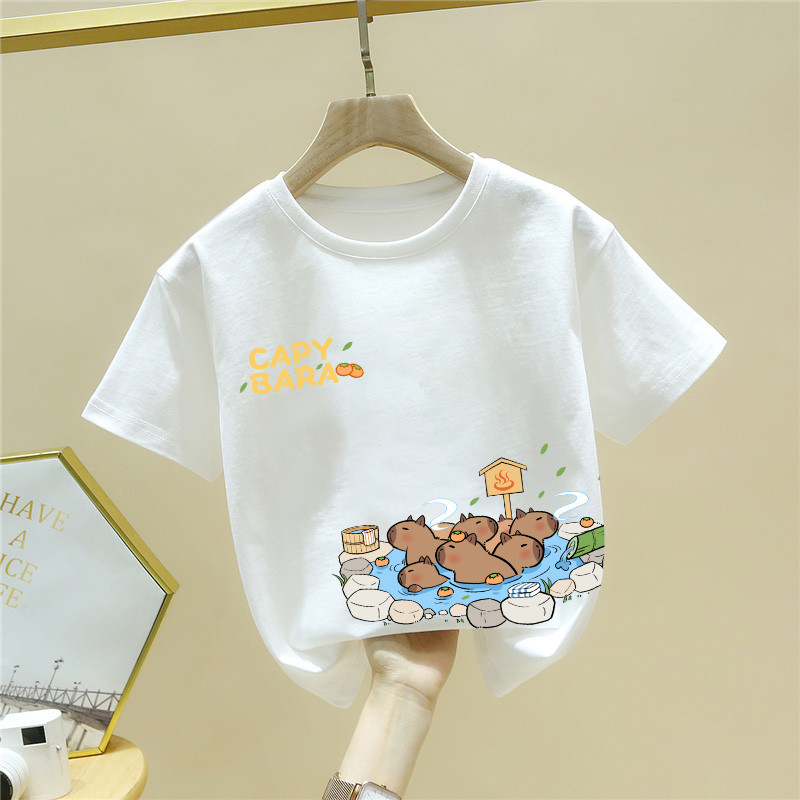 (พร้อมส่งจากกรุงเทพ) เสื้อยืดเด็กผ้าฝ้ายพิมพ์ลายการ์ตูนคาปิบาราน่ารักแขนสั้นลำลองเสื้อเชิ้ตคอกลมสบาย size：90-150