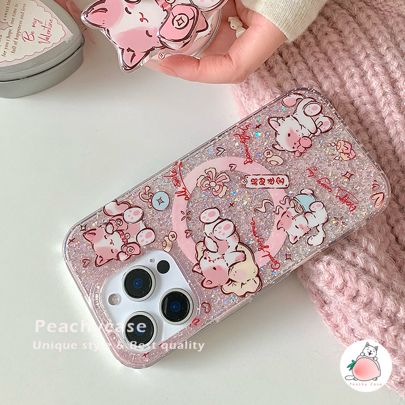 น่ารักหมุนได้สีแดง Rnvelope Cat Holder Stand Glitter เคสโทรศัพท์สําหรับ iPhone 16 15 14 13 Pro Max 16promax IMD กันกระแทกไร้สายชาร์จปกหลัง Shell