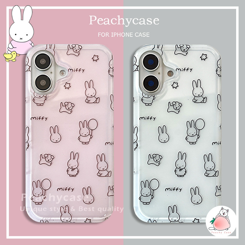 Kawaii Lines Puppy Miffy Bunny IMD โทรศัพท์มือถือสําหรับ iPhone 16 15 14 13 Pro Max 16pro พร้อมตุ๊กตากระต่ายเชือกเส้นเล็ก Shock Proof Hard Mobile Casing