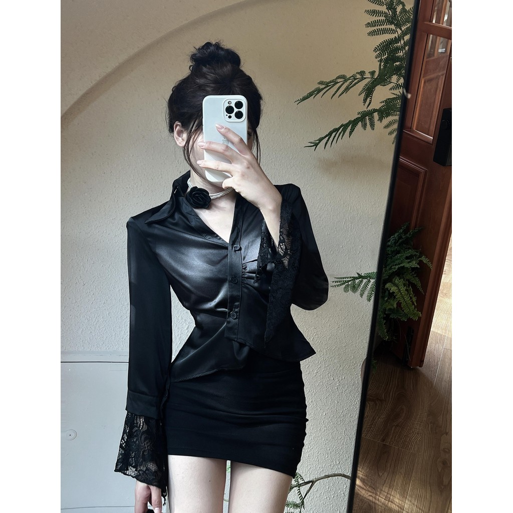 KOKO#คอวีสไตล์ฝรั่งเศสเสื้อแฟชั่นผู้หญิง กระชับเอว แขนแตรลูกไม้ เสื้อเชิ้ตลูกไม้สั้นผู้หญิง#w551 - รูปที่ 4