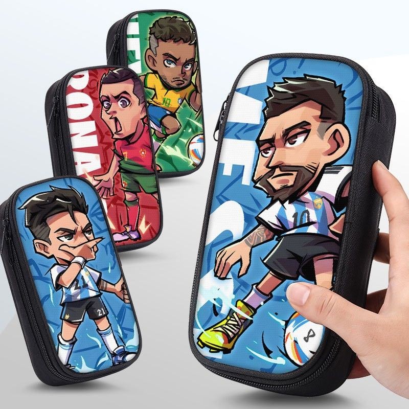 Q Version Messi Football Pencil Case Black Dirt-Resistant with Zipper Boy Stationery Box