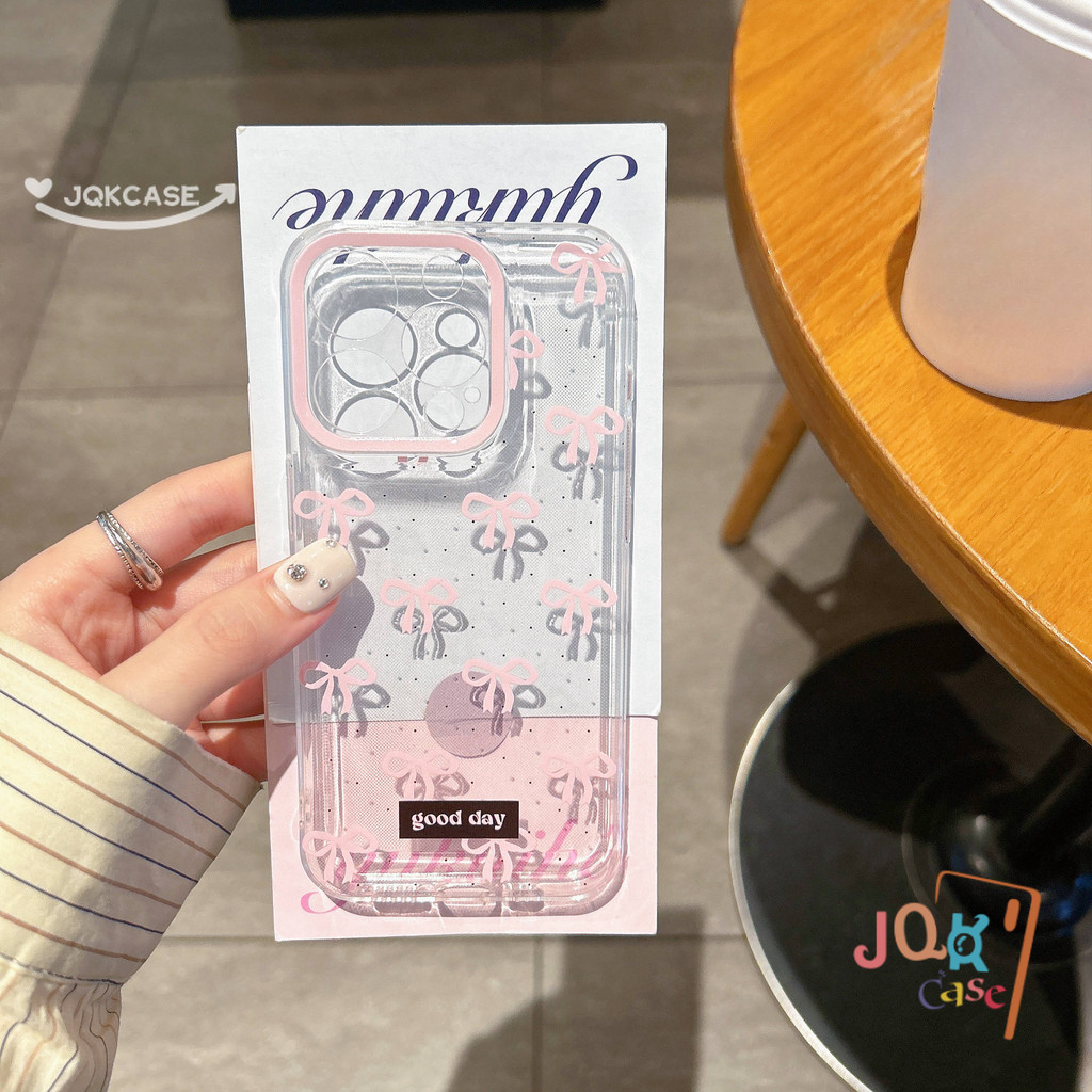 เคสไอโฟน13 สีชมพู โบว์ สำหรับ IPhone 12 14 11 15 16 13 Pro Max XR X XS 7Plus 8Plus Max 7 8 15 Plus SE เคสแบบลดขนาด
