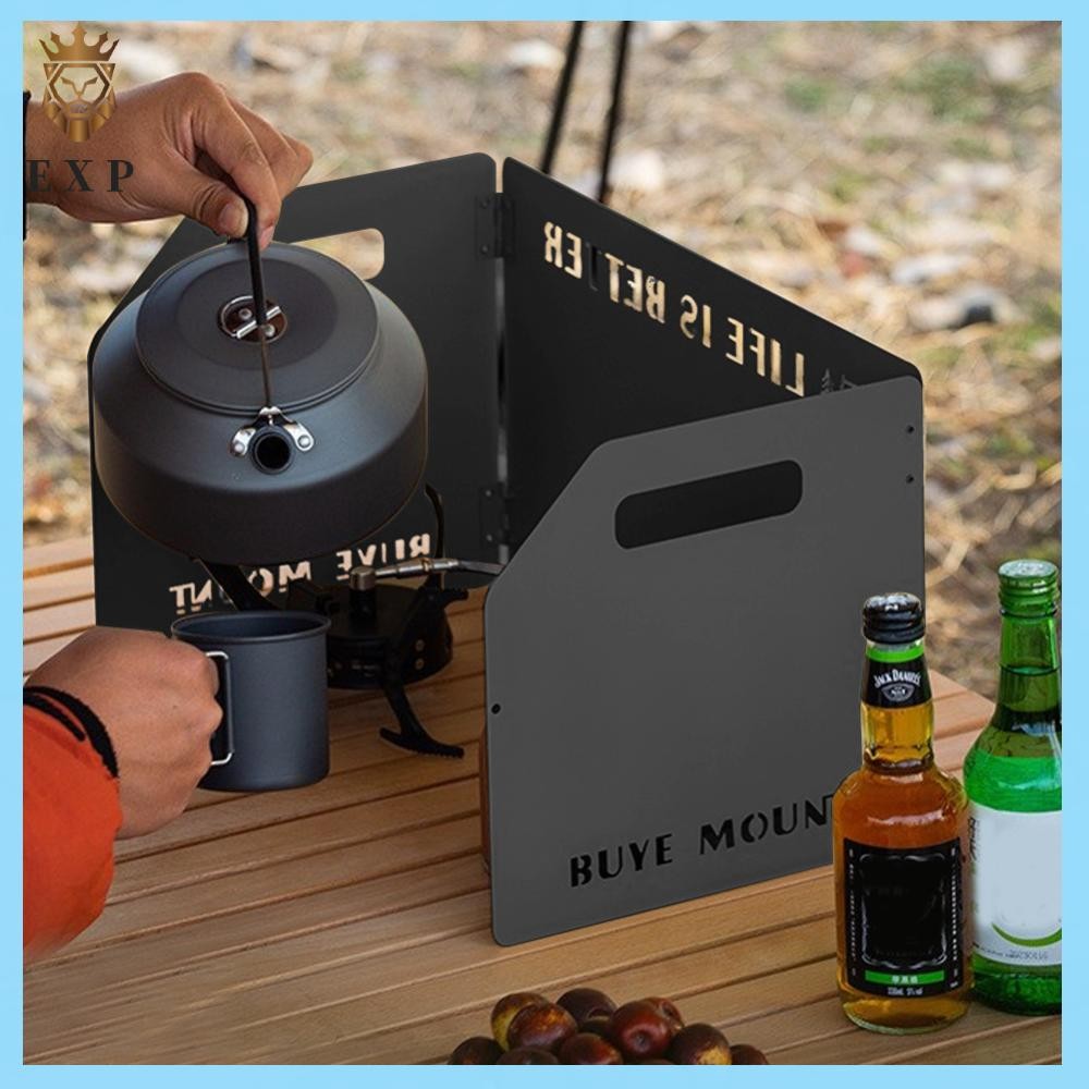 เตาแคมปิ้งพับได้ พร้อมแผ่นกระจก 3 แผ่น กันลม สำหรับทำอาหาร