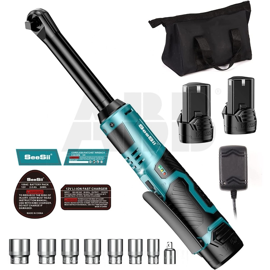 🎉ข้อเสนอพิเศษ40ft-lbs 54N.m Seesii ไร้สาย 3/8 "คอยาวประแจวงล้อ 6" ขยายพร้อมแบตเตอรี่ 2 ชิ้นและ 7 ซ็อ