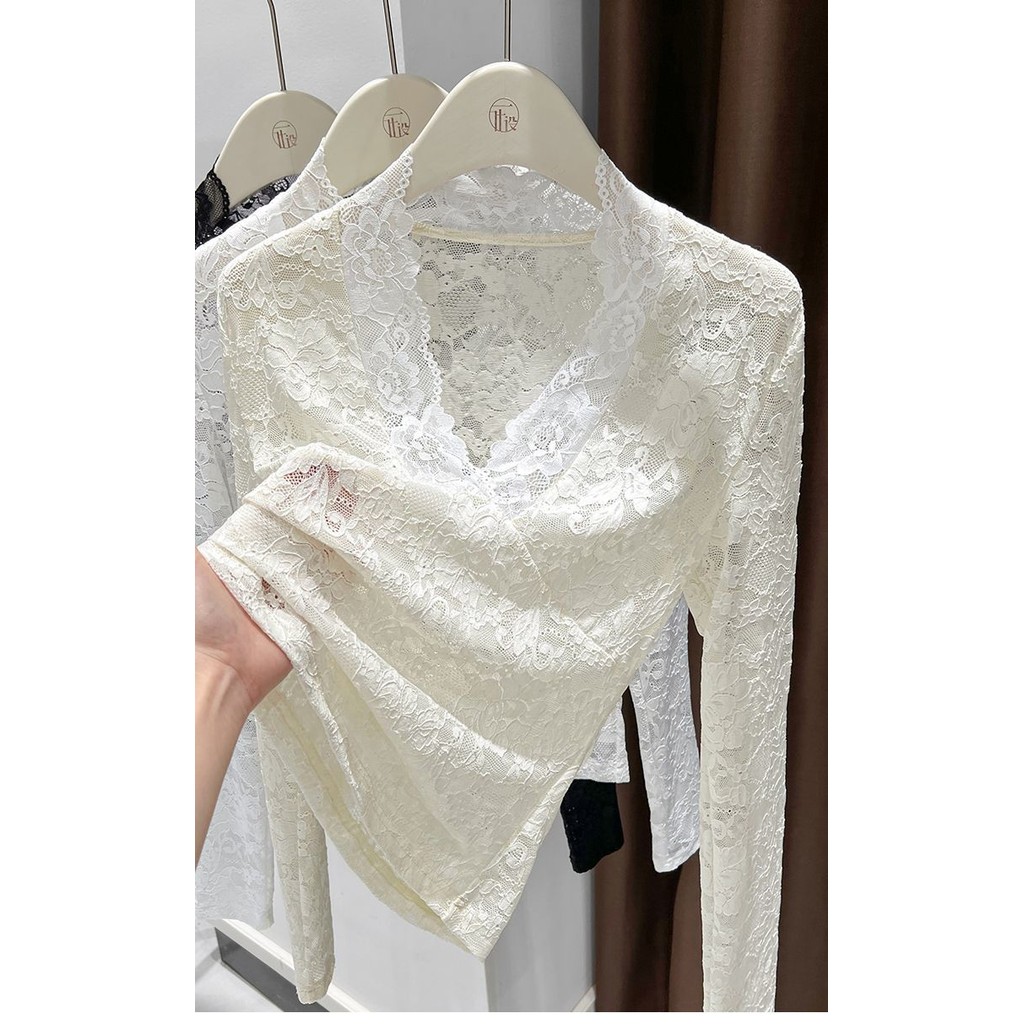 ‌เสื้อลูกไม้คอวีหรูหราสําหรับผู้หญิง - เสื้อยืดแขนยาวผ้าแจ็คการ์ดลายดอกไม้เชียร์ - รูปที่ 7