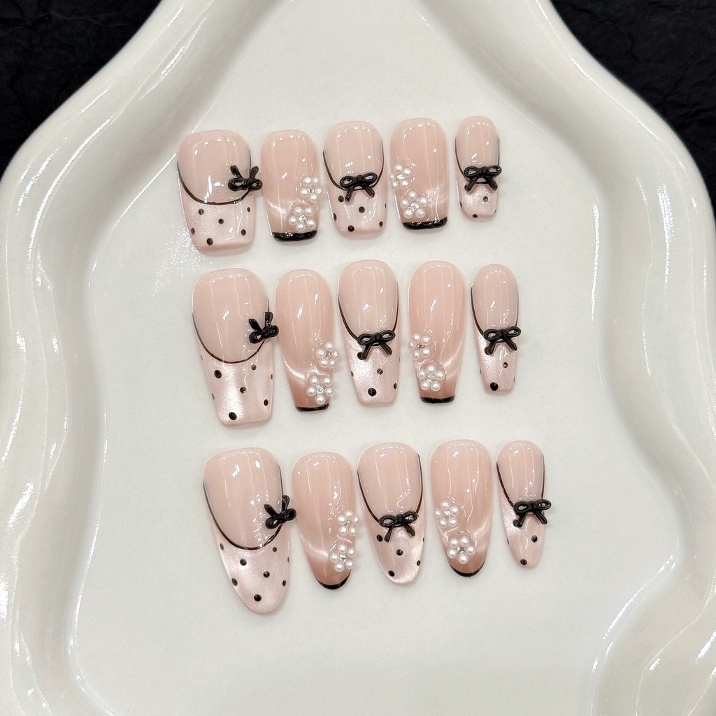 5in1 Toolkit + HADMADEPress on Nails Ballet Sweetheart Hand-painted Cats Eye Lace French Polka Dots Phototherapy เล็บปลอมเล็บนํากลับมาใช้ใหม่ได้