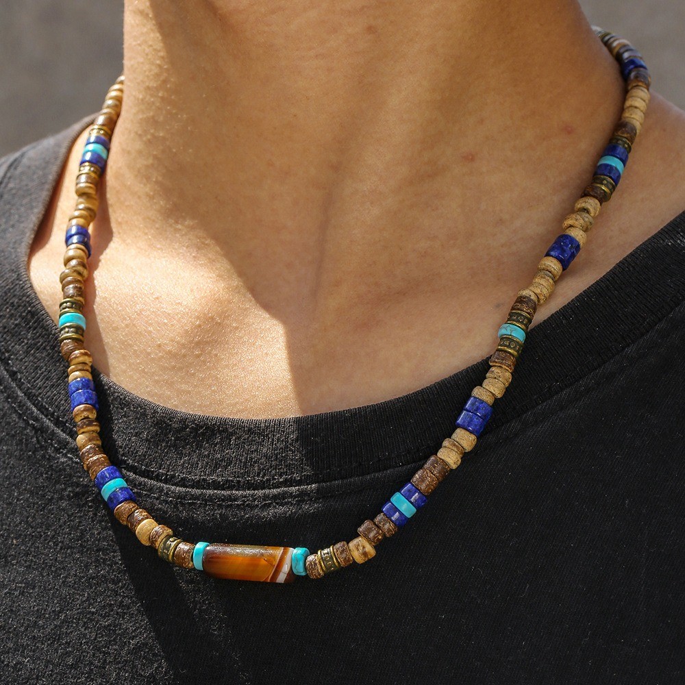 สร้อยคอมะพร้าววินเทจ Bohemian สไตล์ Surfer กับลูกปัด Turquoise สำหรับฤดูร้อน