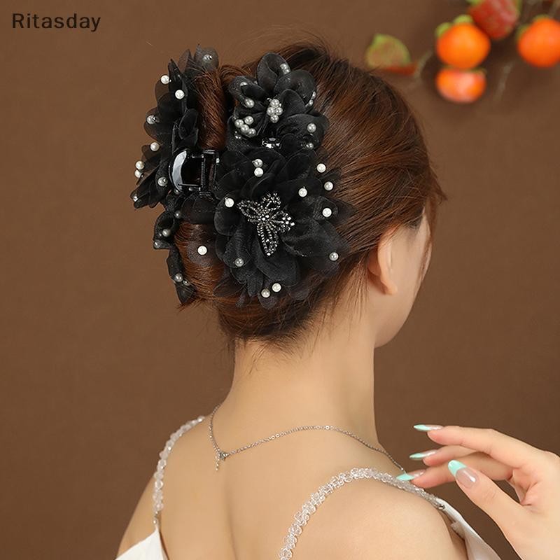 Ritasday ผู้หญิงตาข่ายดอกไม้มุกผีเสื้อปูคลิปผม Shark Hair Claw สุภาพสตรีสาวอารมณ์แฟชั่นสีดํา Headwear ใหม่