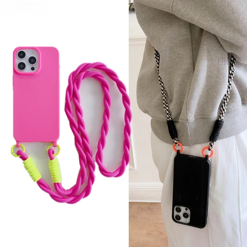 กันกระแทก Candy Lanyard Case iPhone 16 Pro Max 14 12 11 13 15 Plus X XR XS Max กระเป๋าสะพายข้างสายคล้องคอ Soft TPU Cover