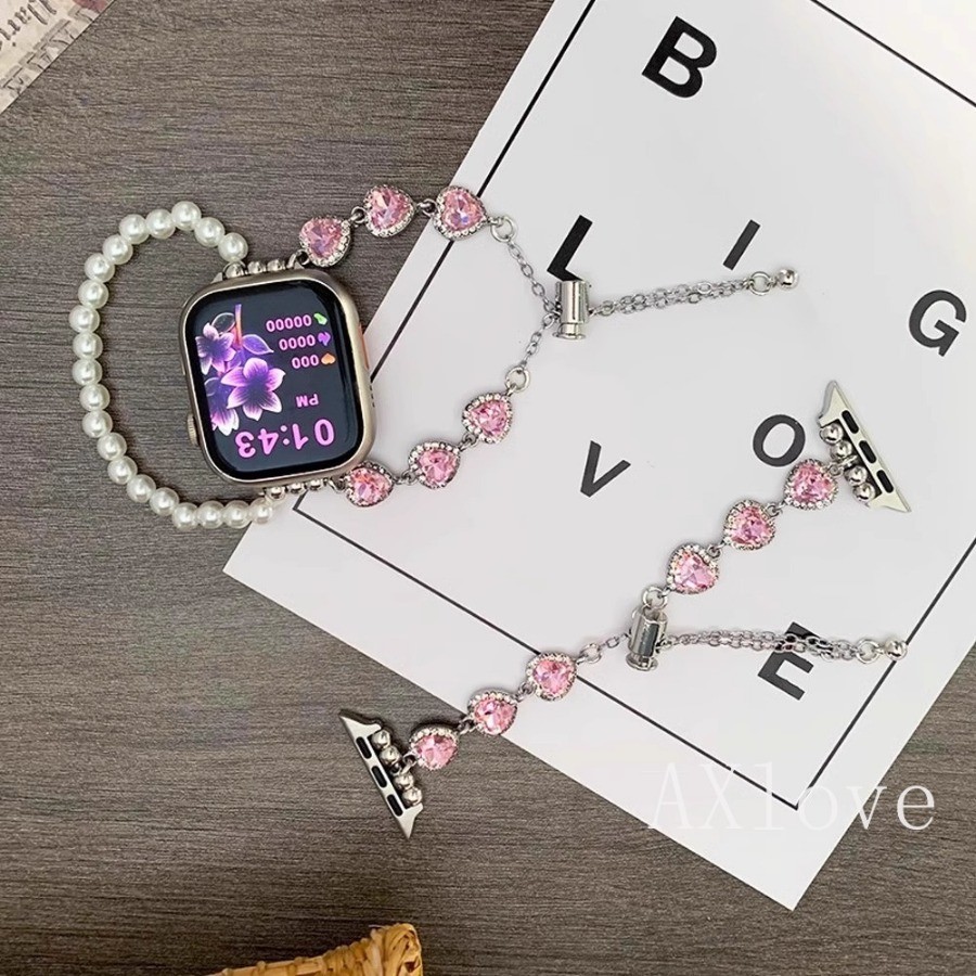 หรูหรา Diamand Love Heart Pearl สร้อยข้อมือสําหรับ iWatch Series 10 9 8 7 6 5 4 3 SE ผู้หญิง Slim S11 สําหรับ Apple Watch 41 มม.40 มม.38 มม.45 42 44 49 มม.Ultra2