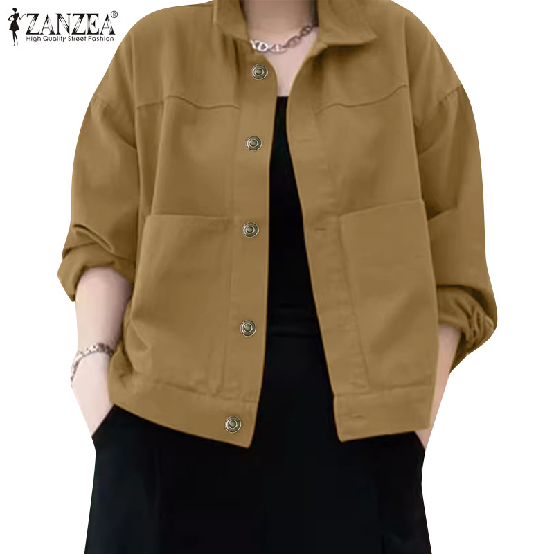 ZANZEA ใส่ ซานเซีย ผู้หญิงแฟชั่นเกาหลีเปิดลงปกสีทึบแจ็คเก็ตแขนยาว